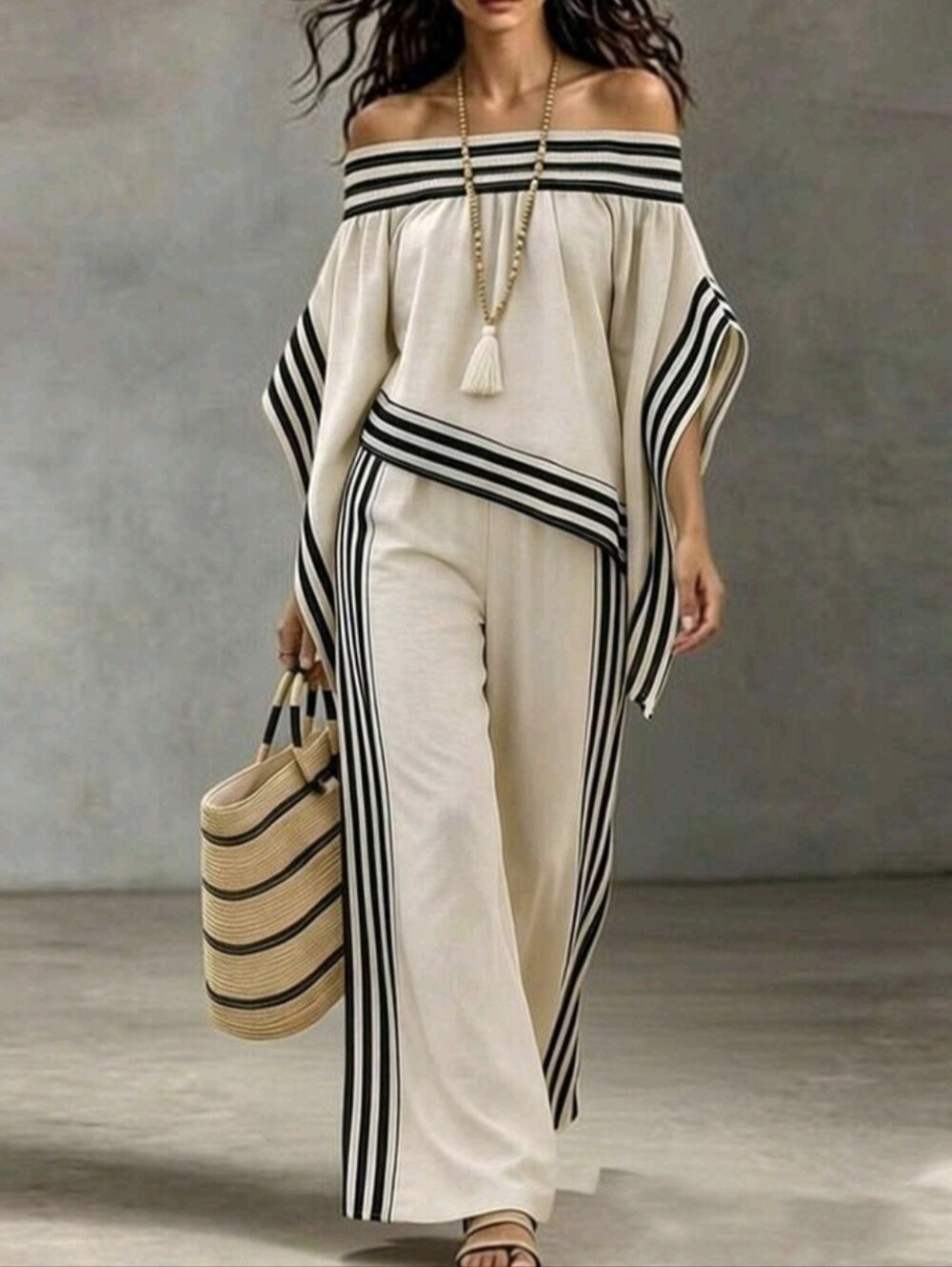 Women's Striped Neckline Smocking Craft, Linen-Like Fabric, Two Pieces Set
